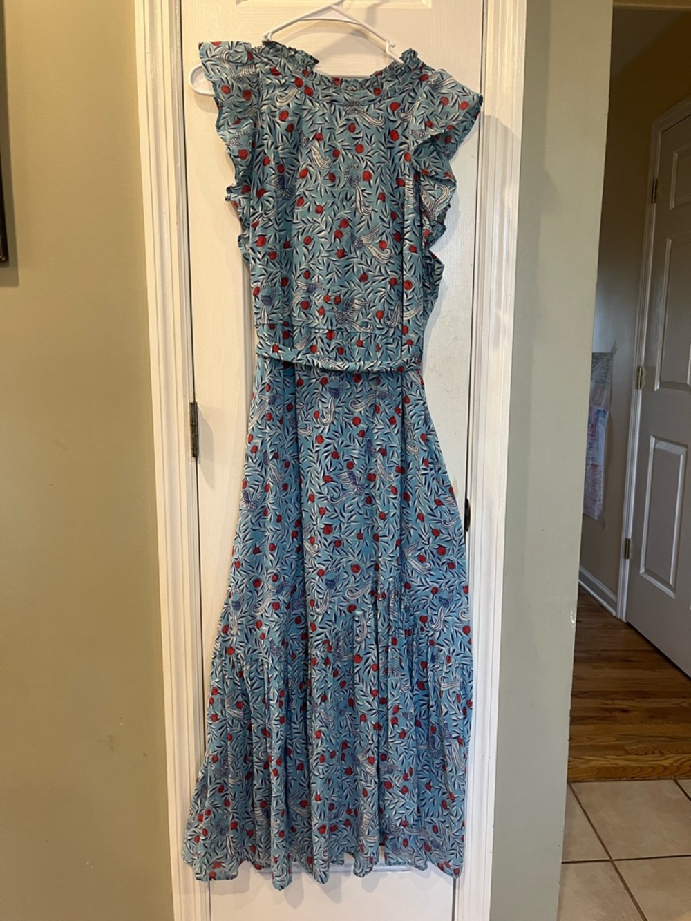 Banjanan Pomegranate Vine Lapis Maxi Dress Blue Bird Print Ruffle Size M b2
